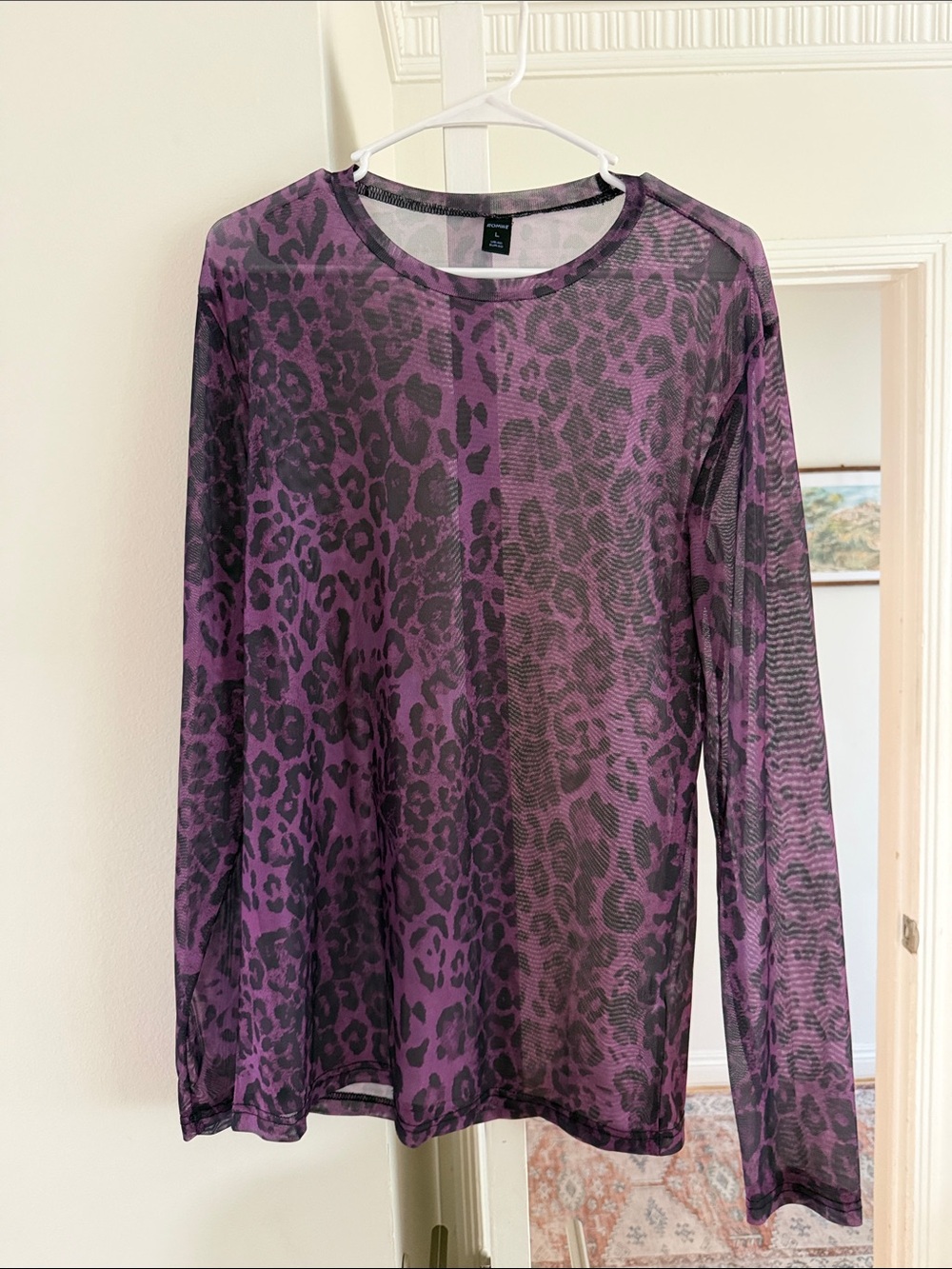 ROMWE Purple Leopard Print Long Sleeve Mesh Shirt